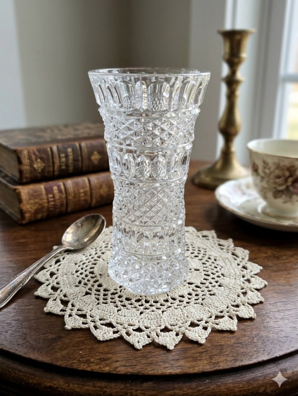 Vintage Clear Pressed Glass Diamond Cut Vase Starburst Base